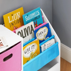 SoBuy Kinder Bücherregal KMB76-F mit Stoffboxen, weißes Aufbewahrungsregal für Kinderzimmer.