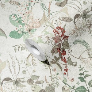 PROFHOME Vliestapete mit Blumenmuster in Weiß, Rot, Olivgrün und Beige.