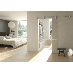 Novadoors Schiebetürsystem Nova 418 in Edelstahloptik, 200 cm, im modernen Schlafzimmer.