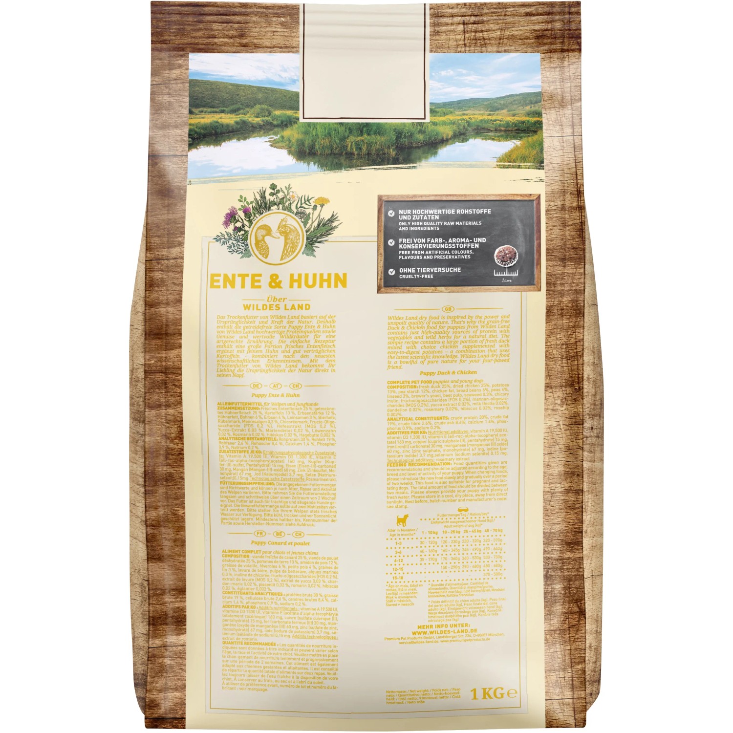 Wildes Land Hunde-Trockenfutter Puppy Ente & Huhn, 1kg Sack für Welpen.