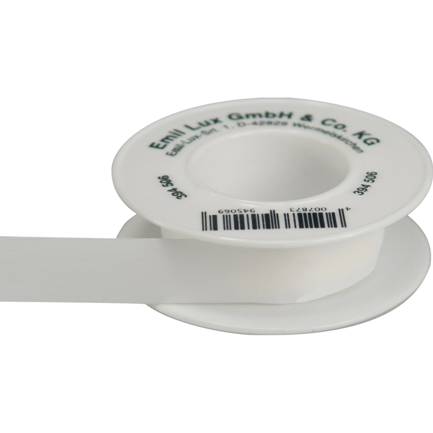Weißes Gewindedichtband (12mm x 12m) auf Spule zur Abdichtung von Rohrverbindungen.