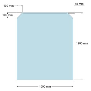Technische Zeichnung der Feuercampus Funkenschutzplatte Glas, sechseckig, 120x100 cm. Transparentes ESG-Glas für Kaminofen.