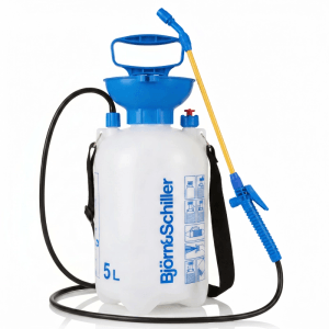 Weiß-blauer Björn&Schiller Drucksprüher 5L mit Schultergurt und Sprühlanze für Garten & Haus.