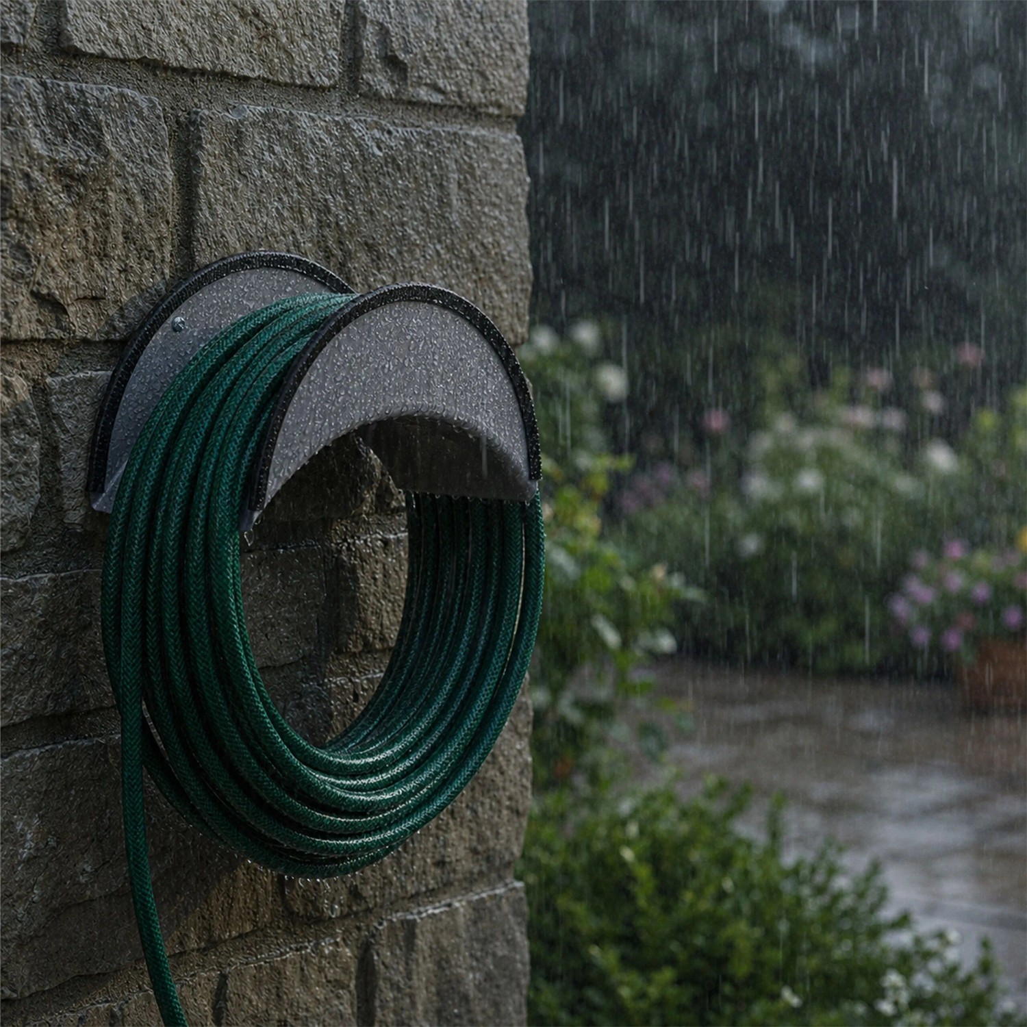Schwarzer Relaxdays Schlauchhalter aus rostbeständigem Eisen mit Kantenschutz, hält grünen Gartenschlauch an Steinwand im Regen.