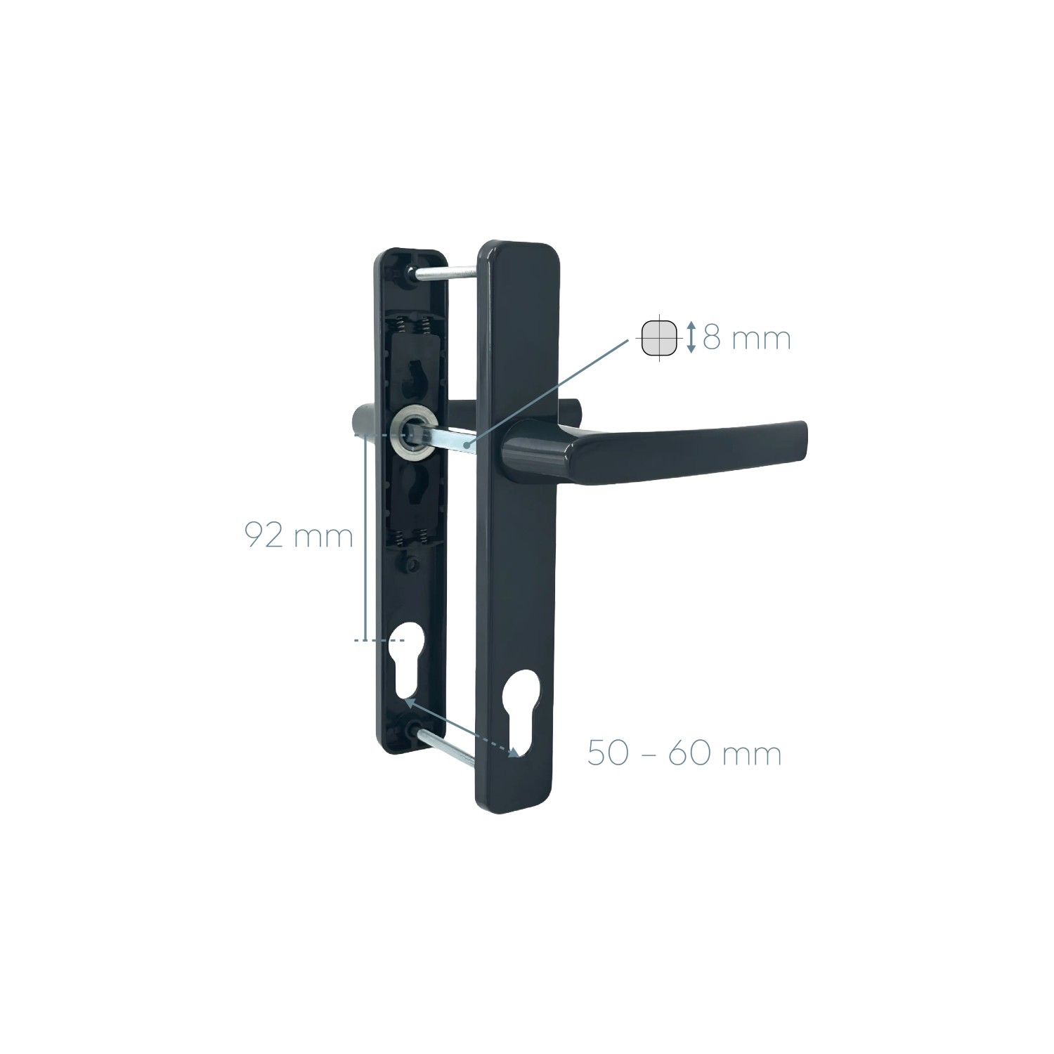 Anthrazitfarbene Panto Griffgarnitur Smart Line, 92 mm Lochabstand, Details zu Maßen.