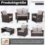 MeXo Poly Rattan Balkonmöbel Set grau für 4 Personen. Sofa, 2 Sessel, Glastisch mit Maßen und 140 kg Gewichtskapazität pro Sitz.