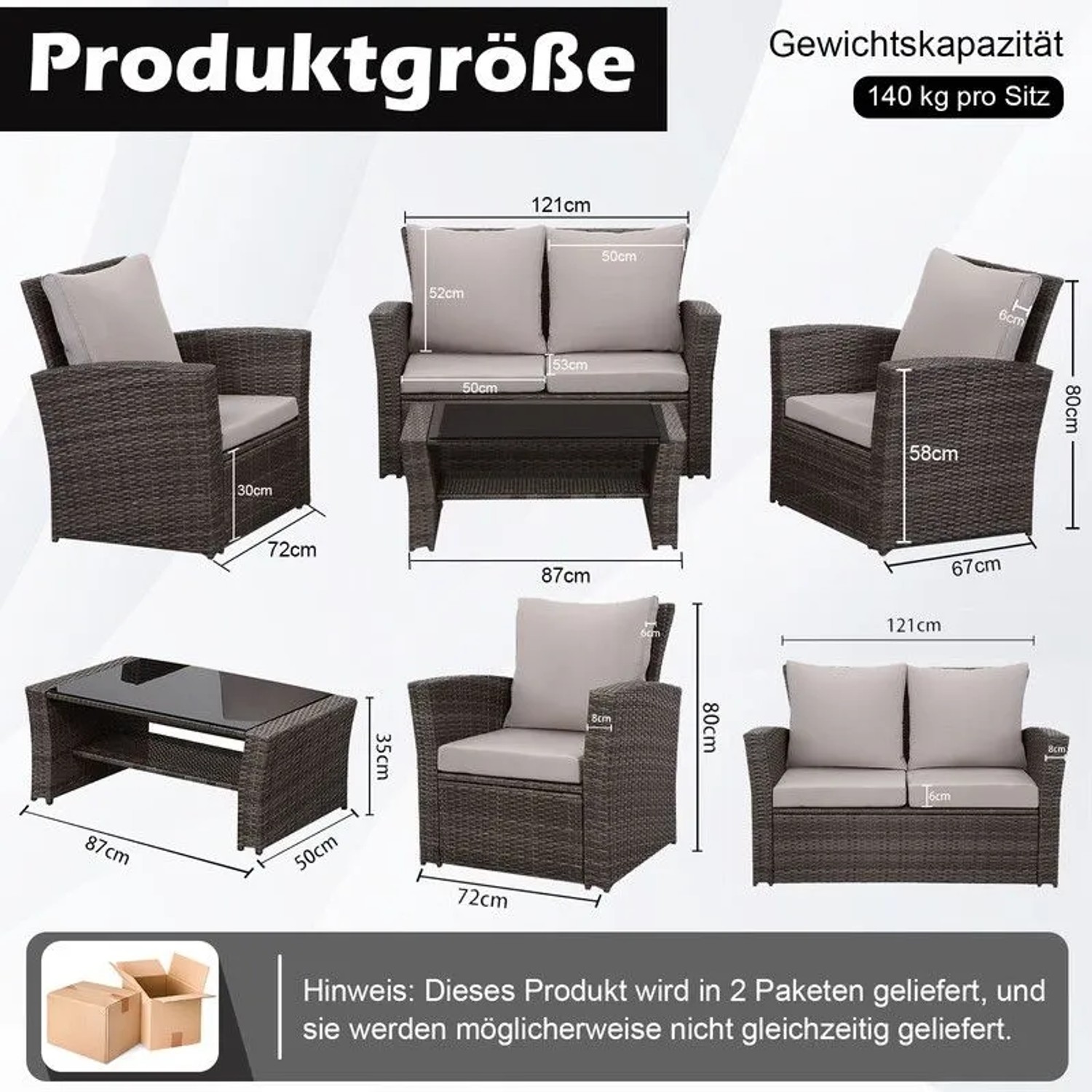 MeXo Poly Rattan Balkonmöbel Set grau für 4 Personen. Sofa, 2 Sessel, Glastisch mit Maßen und 140 kg Gewichtskapazität pro Sitz.