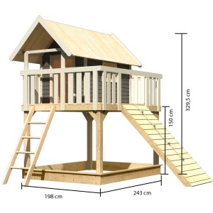 Karibu Stelzenhaus Fidel mit Holzrampe in Terragrau, inkl. Leiter und Sandkasten. Spielturm aus Holz.