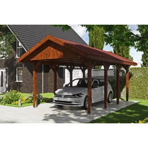 Satteldach-Carport Wallgau in Nussbaum mit roten Dachschindeln und geparktem Auto.