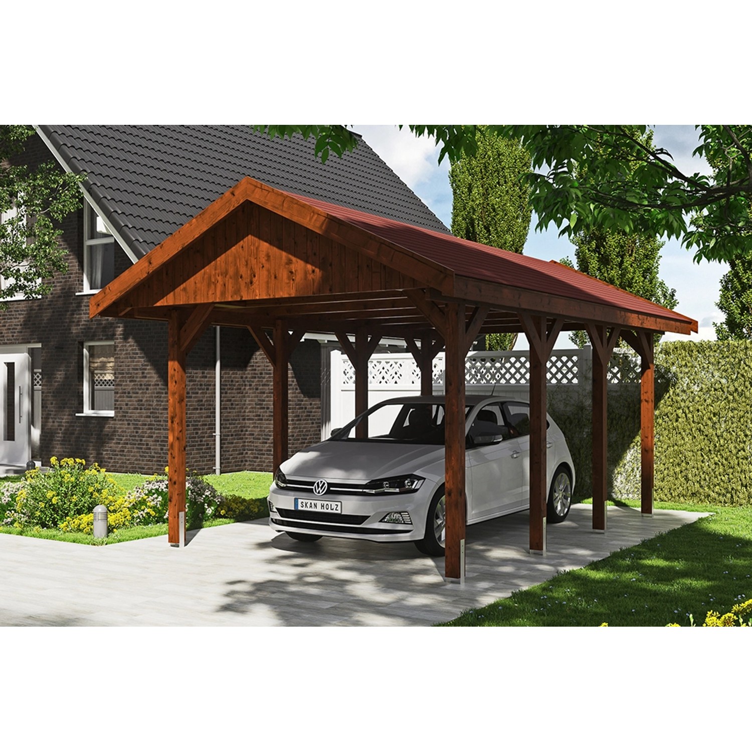 Satteldach-Carport Wallgau Nussbaum 380 x 600 cm rote Schindeln