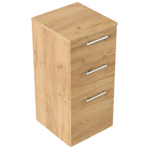 Posseik Midischrank 75 cm in Eiche Gold mit drei Schubladen und silbernen Griffen.