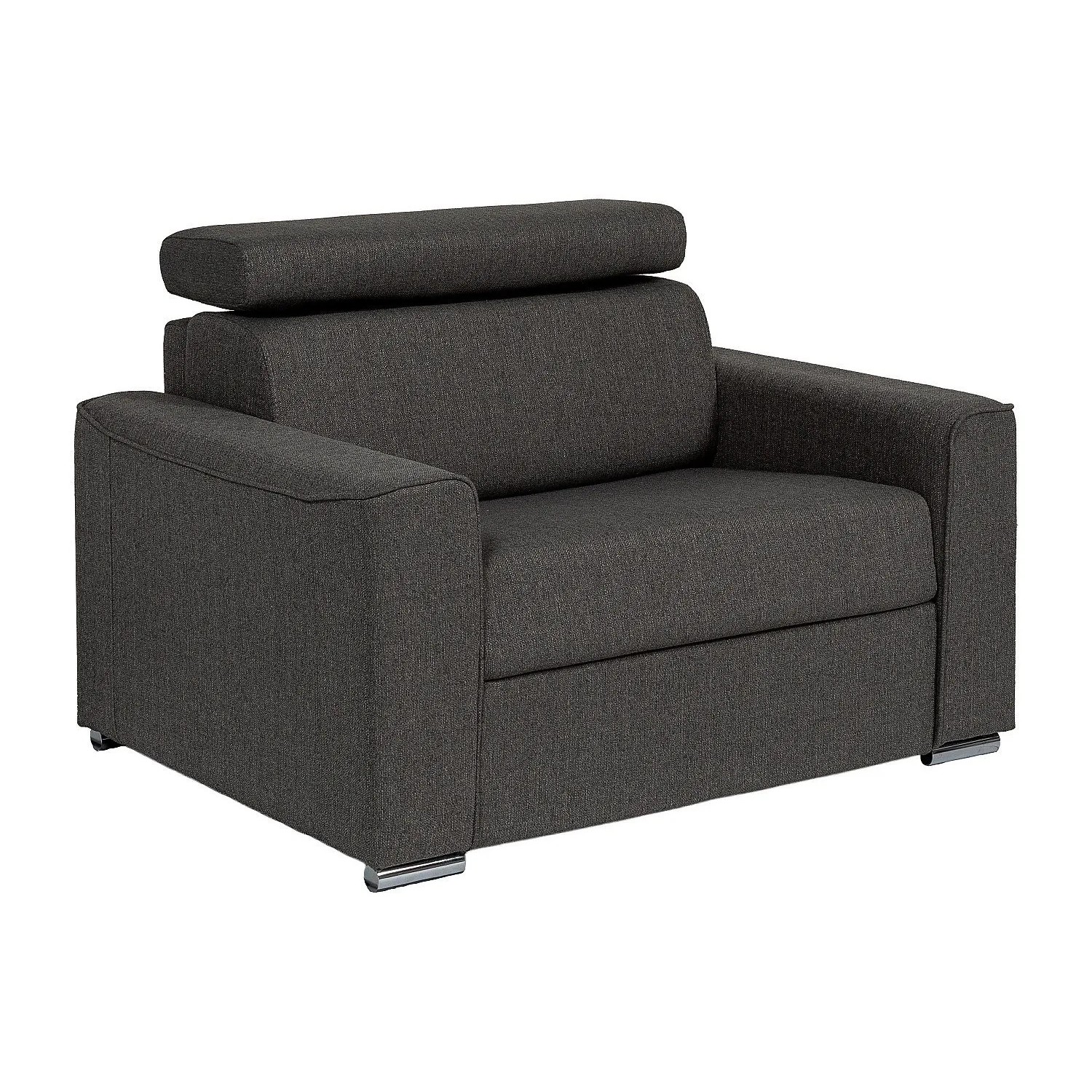 Dunkelgrauer Schlafsessel Vizir aus Stoff mit verstellbarer Kopfstütze und Chromfüßen. Moderner Relaxsessel mit Bettfunktion.