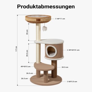 Fudajo Forest Lodge Kratzbaum, 117 cm hoch, mit Katzenhaus, erhöhtem Bett, Kratzstämmen und Spielball in Beige/Braun.