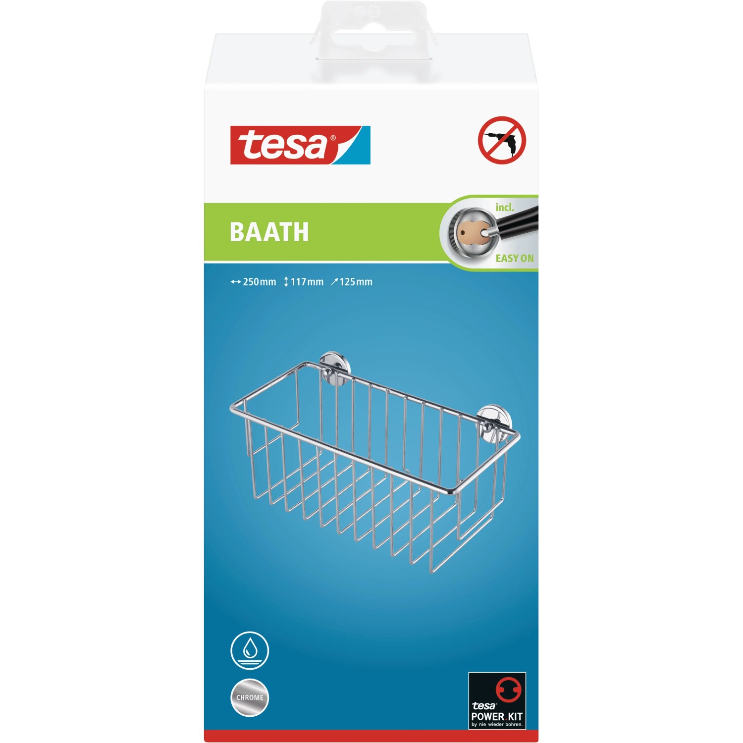 Tesa Duschablage Baath Plus, verchromt, tiefer Boden. Duschregal zur Wandmontage ohne Bohren.