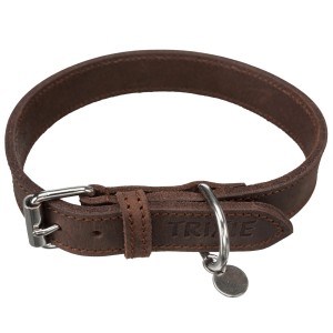 Dunkelbraunes Trixie Fettleder Halsband Rustic, 27-34 cm, mit D-Ring und Metallschnalle.