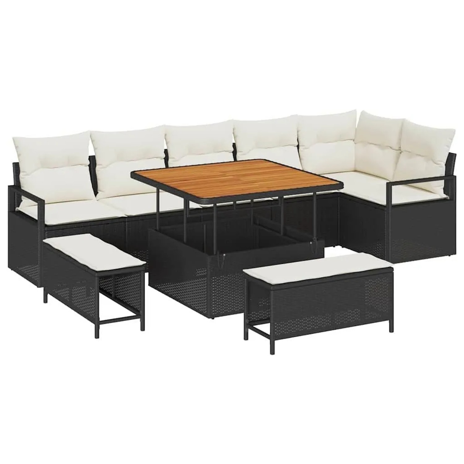 vidaXL Garten-Sofa-Set mit Kissen mit Speicher 9-Tlg Schwarz und Creme 3364485