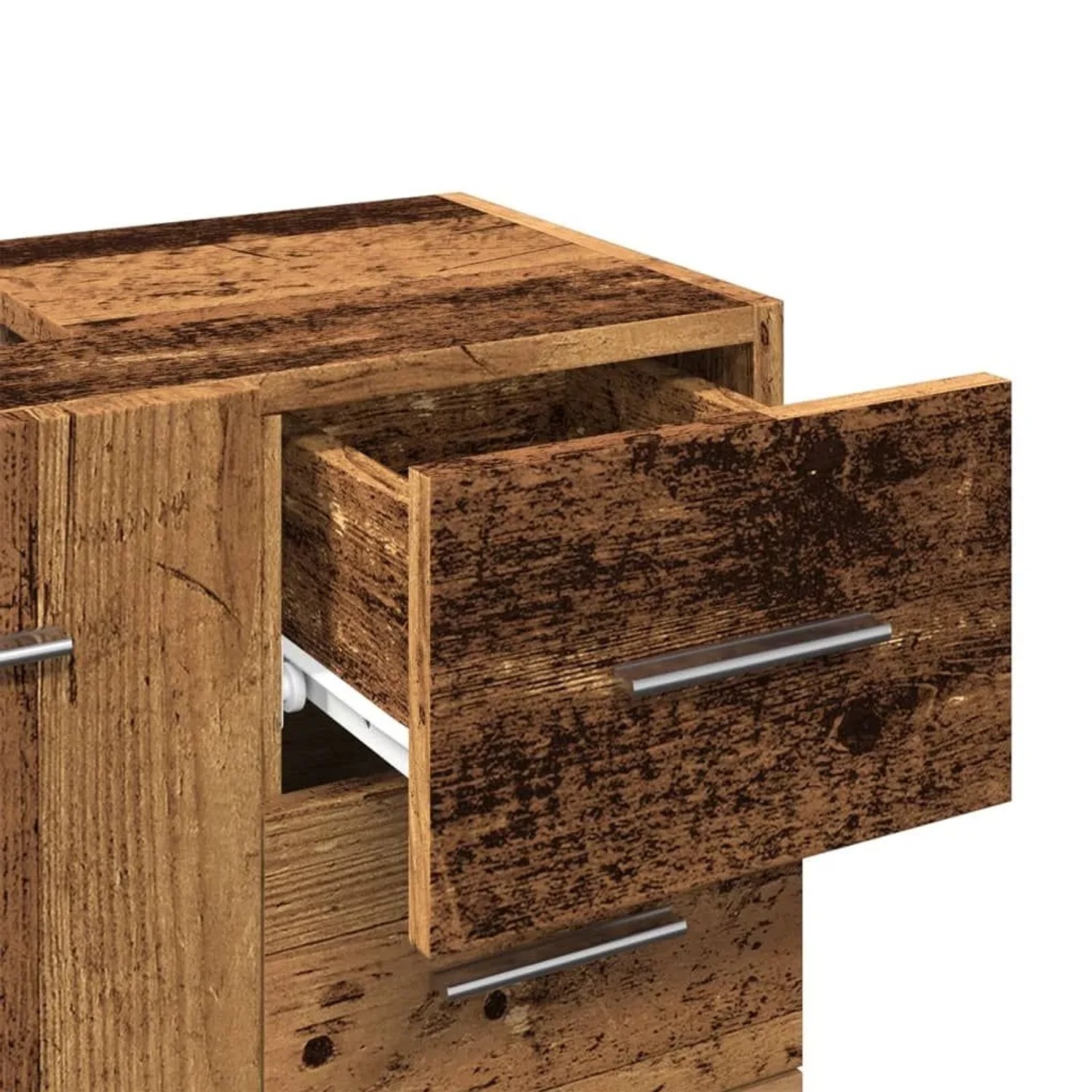 Waschbeckenunterschrank in Altholz-Optik, Detailansicht einer geöffneten Schublade aus Holzwerkstoff mit silbernem Griff.