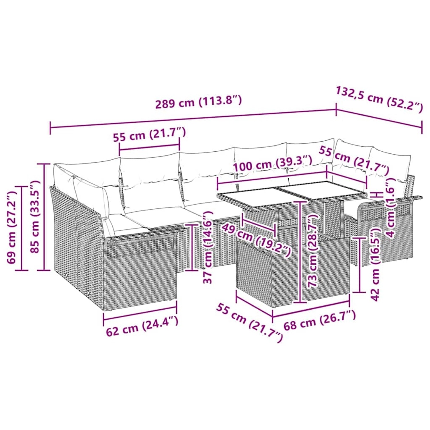 Braunes 8-teiliges Garten-Sofa-Set aus Poly Rattan mit Kissen und Tisch mit Maßangaben.