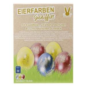 Eierfarben Goldeffekt Set mit blauen, gelben und roten Farben, Goldfolie und Handschuhen.