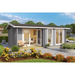 Lichtgraues Lasita Maja Gartenhaus Brighton (520x370cm) mit Anbau im Garten.