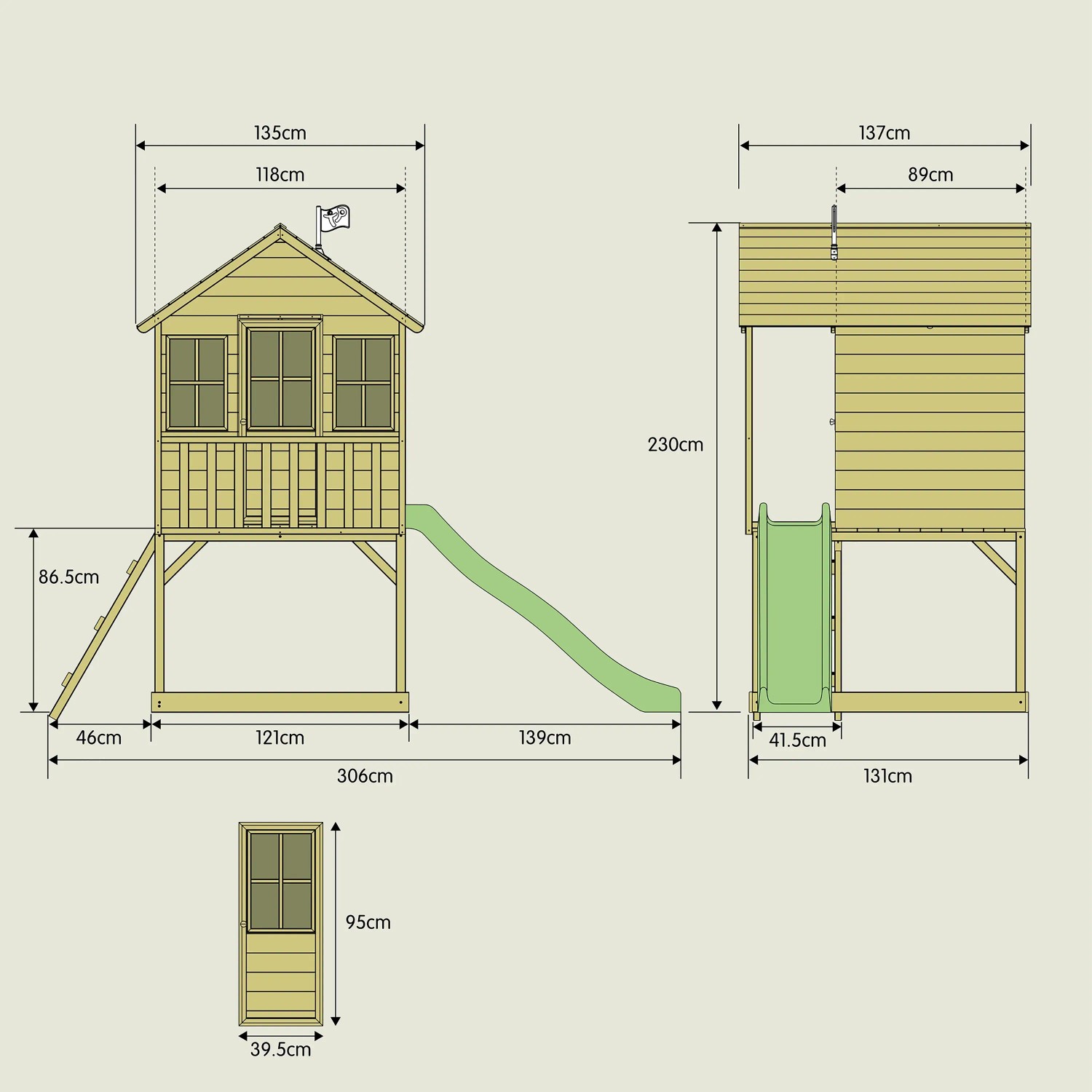Skizze: TP Toys Holz-Spielhaus Wald mit Rutsche, Maße 137x306x230cm, Naturholz, FSC®-zertifiziert.