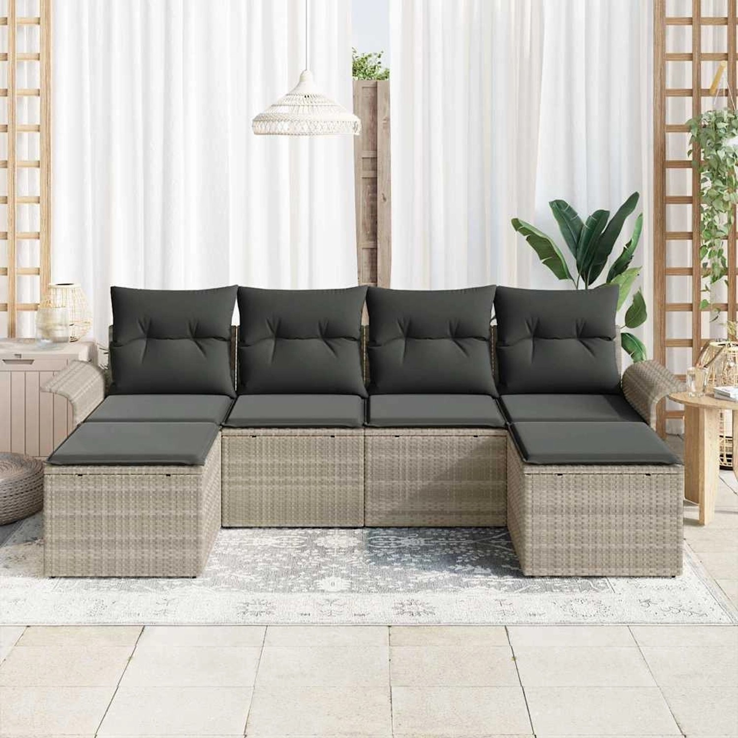 Hellgraues 6-teiliges Garten-Sofa-Set aus Poly Rattan mit Kissen von vidaXL.