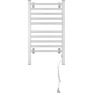 Silberner, elektrischer Handtuchwärmer Olpe (95x53 cm) mit horizontalen Heizstäben und Netzkabel.