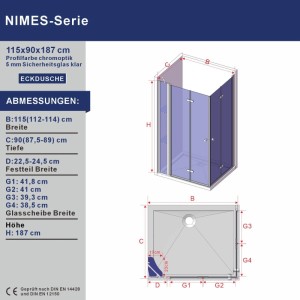 Aquabatos Eckdusche 115x90x187 cm: Technische Skizze mit Maßen, 5 mm ESG Sicherheitsglas und Chromprofil. Duschkabine.