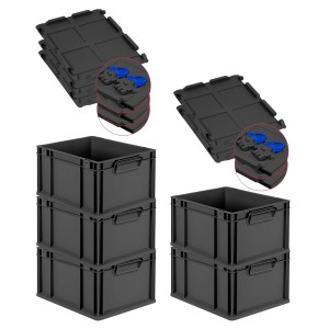 PROREGAL SuperSparSet 5x Eurobox Nextgen Grip Mit Scharnierdeckel Und Blauen Verschlüssen HxBxT 22x30x40cm 20 Liter Schwarz Griffe Geschlossen