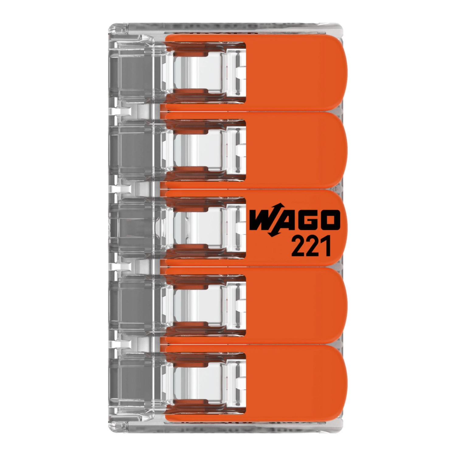 Wago Hebelklemme 221-415, 5-polig, 10er-Pack. Verbindungsklemme mit orangenen Hebeln.
