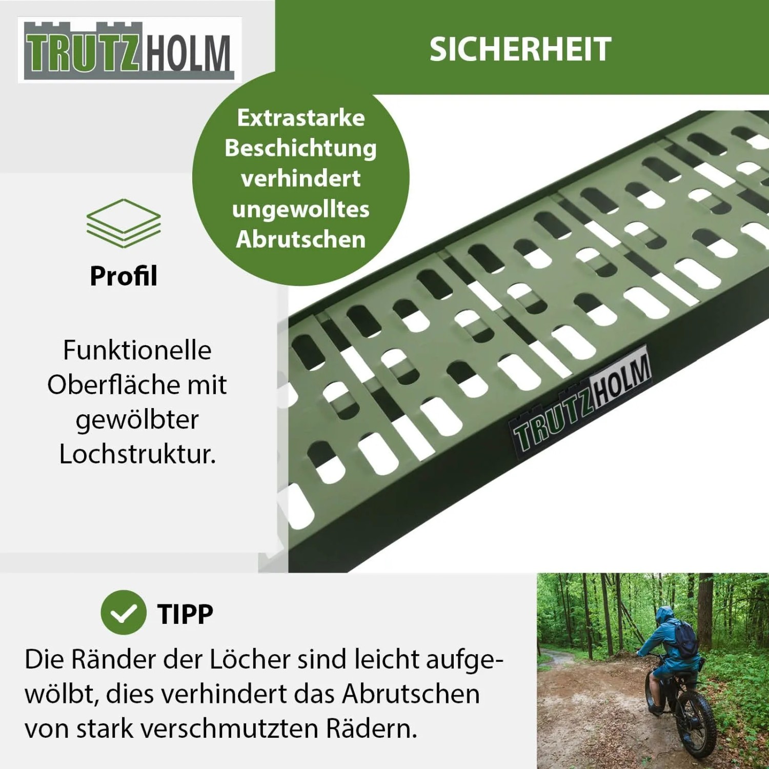 TRUTZHOLM Auffahrrampe, olivgrün, mit gelochter Anti-Rutsch-Oberfläche für sicheren Halt von Motorrädern und E-Bikes.