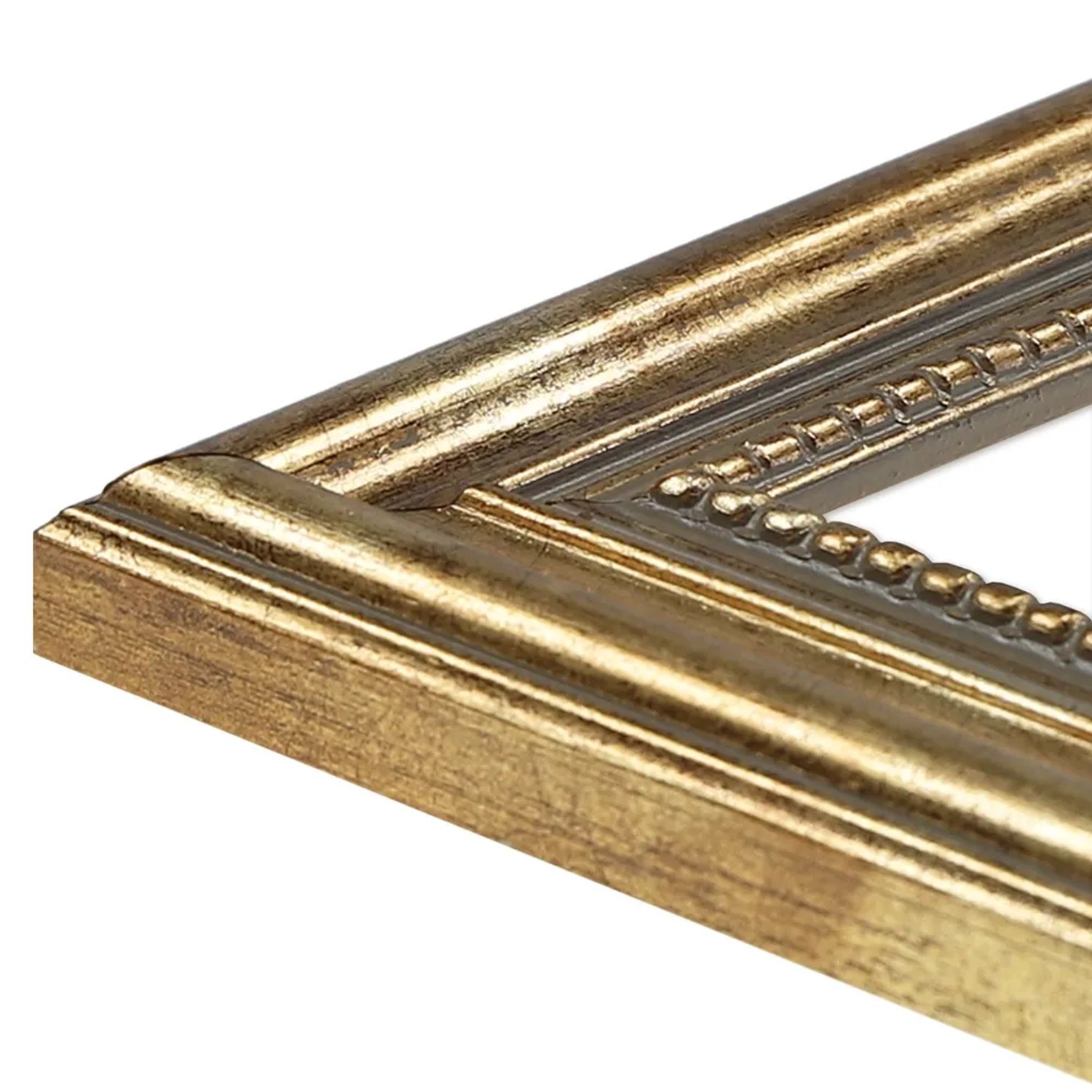 Detailansicht: Goldener Bilderrahmen (30x45 cm) im Antik-Stil aus Massivholz.