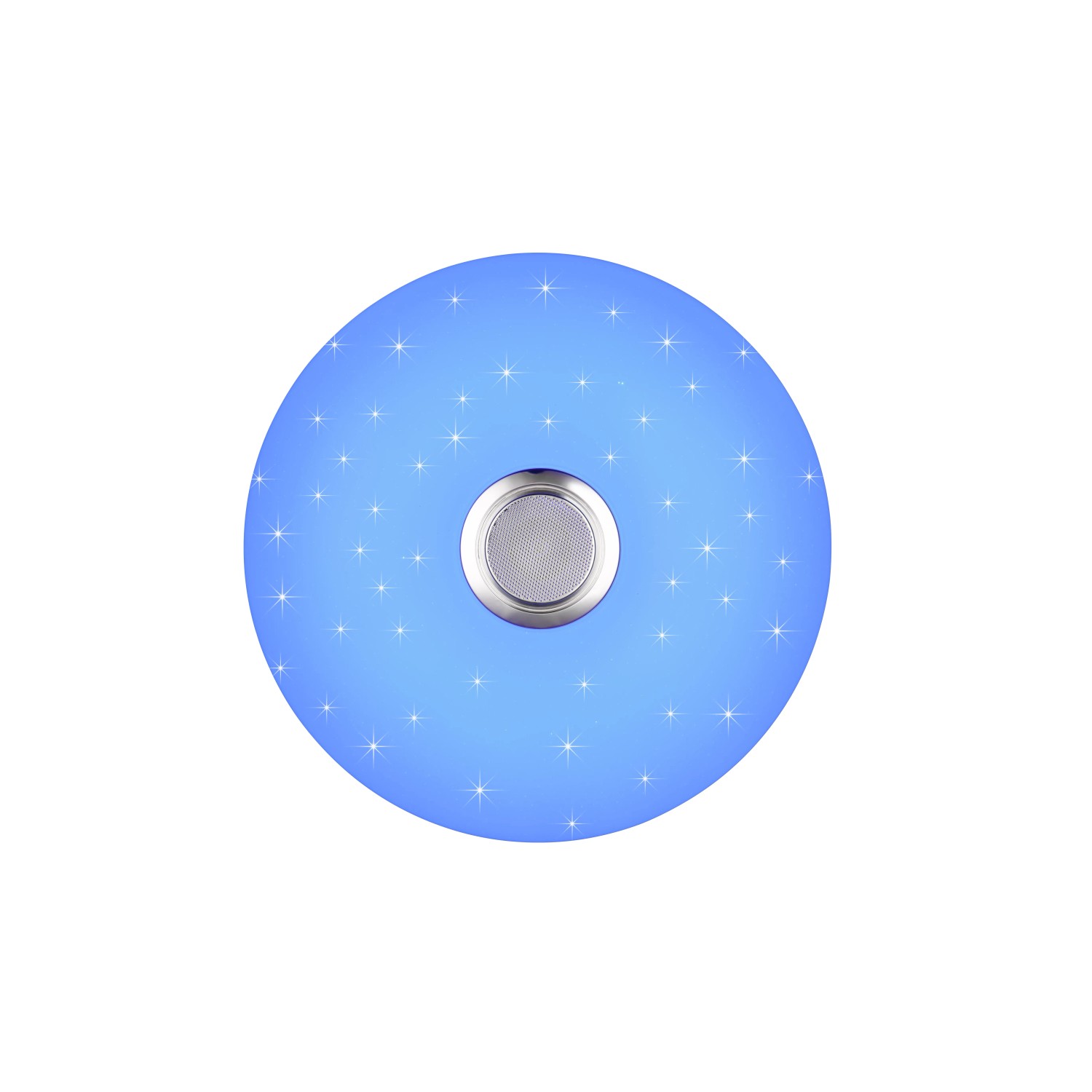 Weiße LED Deckenleuchte Musica mit Bluetooth Lautsprecher und Sternenmuster.