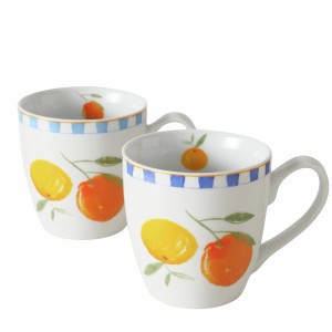 Zwei Jumbobecher Fruits von Boltze, Geschirr mit Orangenmotiv, 10x10x14 cm.