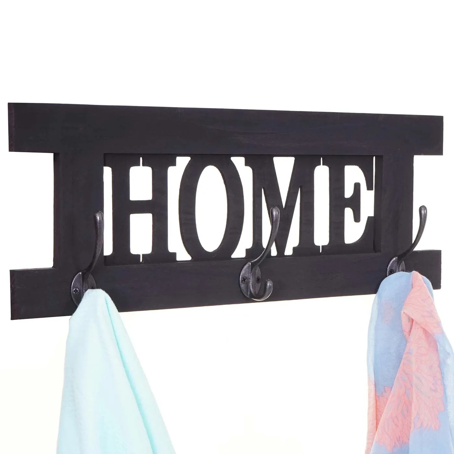 Dunkelgraue MCW Wandgarderobe im Shabby-Look mit HOME Schriftzug und 3 Doppelhaken.