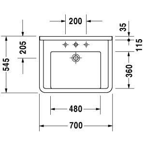 Technische Zeichnung: Weißes Duravit Starck 3 Handwaschbecken, 70 cm, mit Hahnloch und Überlauf.