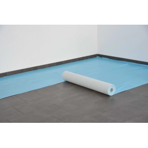 Selbsthaftendes Abdeckvlies von Scorprotect, atmungsaktiv, blau, mit weißer Rolle. Ideal als Schutz beim Renovieren.