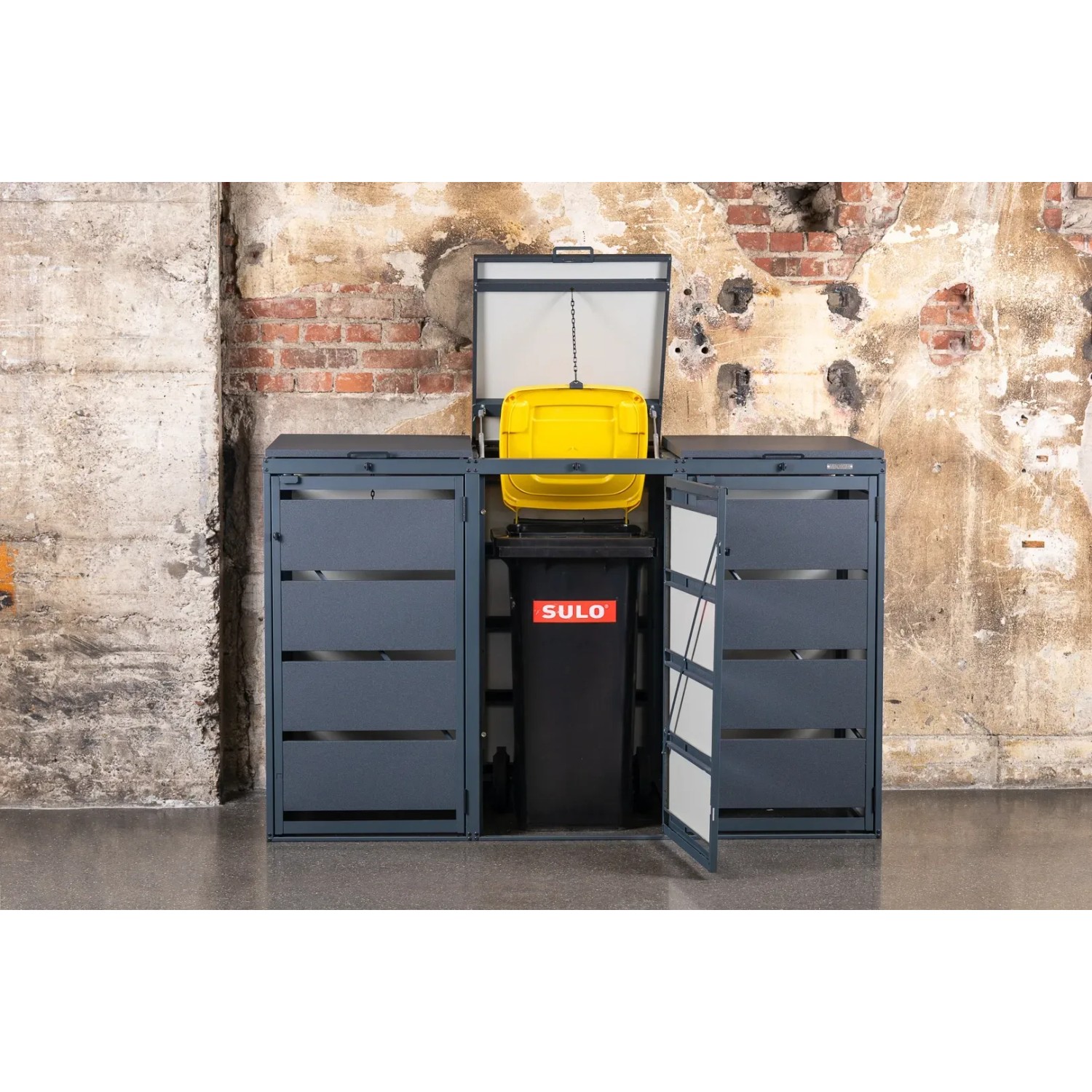 Anthrazitfarbene Mülltonnenbox für 4 Tonnen (240L) aus verzinktem Stahl. Metall Mülltonnenverkleidung.