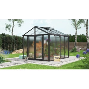 Schwarzes Vitavia Gewächshaus Zeus Comfort 8100 HKP16mm mit Doppeltür und Dachfenster.