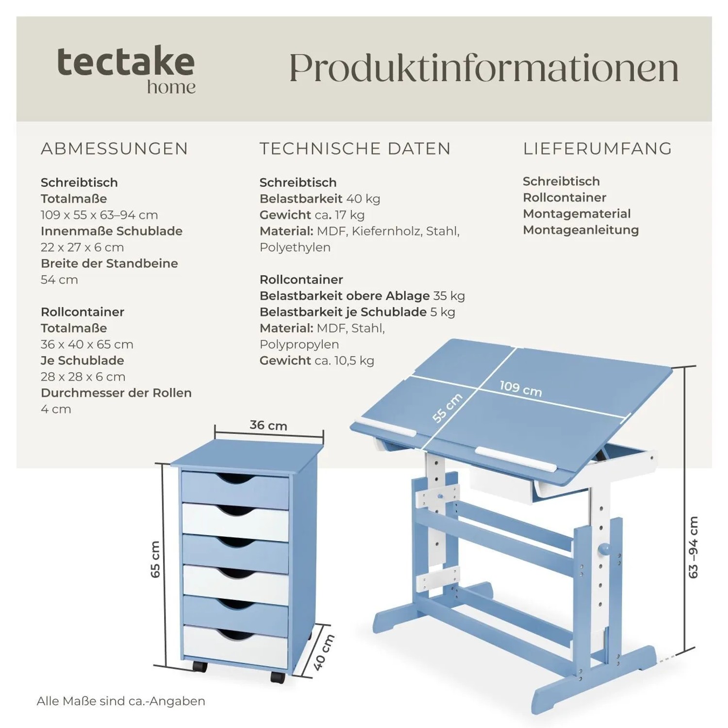 Blauer Tectake Schreibtisch mit Rollcontainer und 6 Schubladen aus Holz.