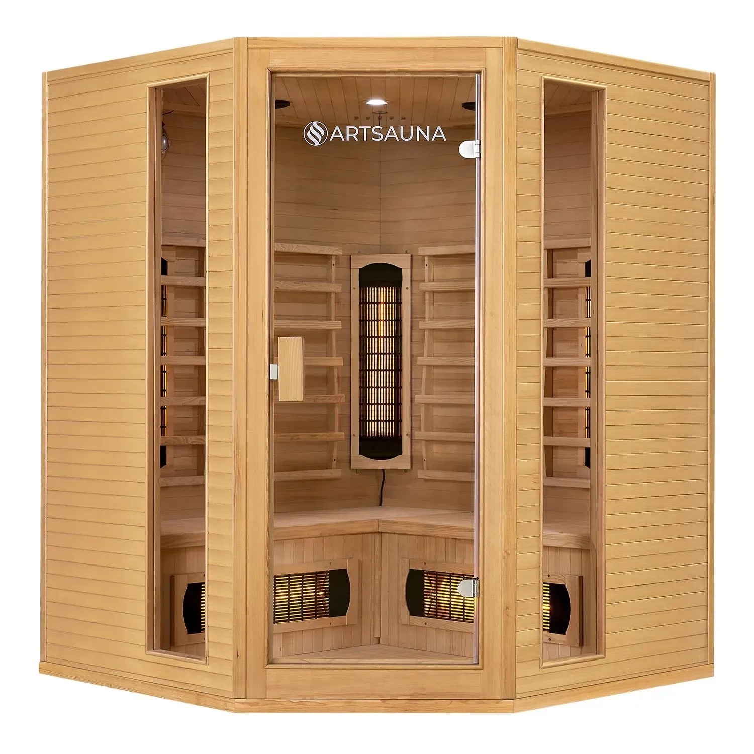 Artsauna Infrarotkabine Nyborg E150V aus Hemlockholz mit Vollspektrumstrahlern und Eckbank für 4 Personen.
