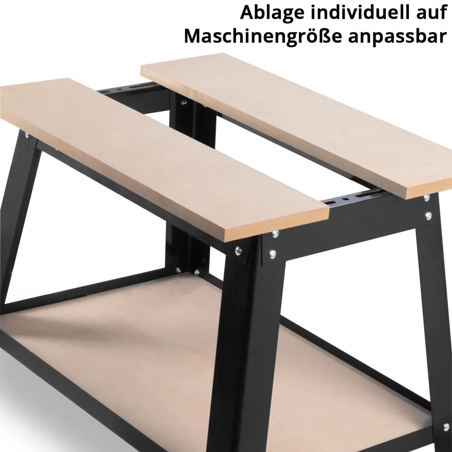 STAHLWERK Universal Maschinenständer mit verstellbaren Holzauflagen und Ablagefach. Robustes Maschinenuntergestell für Werkstatt.