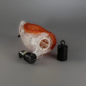 Transparente Acryl-Eule LED Weihnachtsfigur für Außen, orangefarbener Rücken, mit offenem Batteriefach und Timer. Warmweißes Licht.