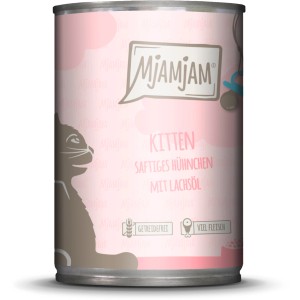 Mjamjam Katzen-Nassfutter Saftiges Hühnchen mit Lachsöl, 400g Dose.