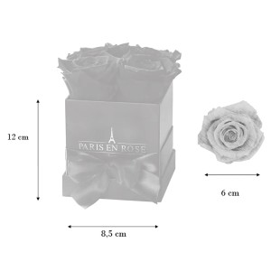 Eckige Rosenbox Schwarz mit Schleife und 4 weißen Rosen, konservierte Blumensträuße.