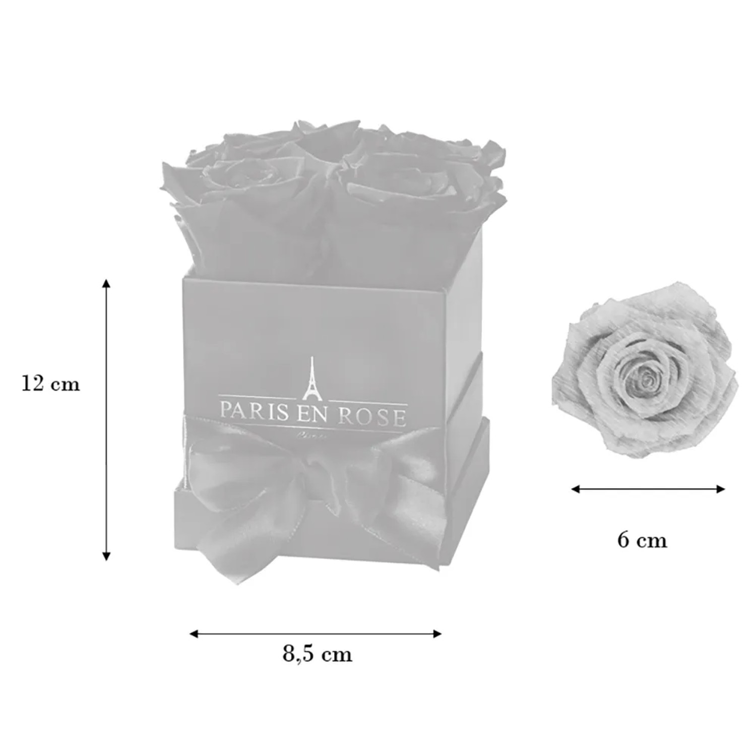 Eckige Rosenbox Schwarz mit Schleife und 4 weißen Rosen, konservierte Blumensträuße.