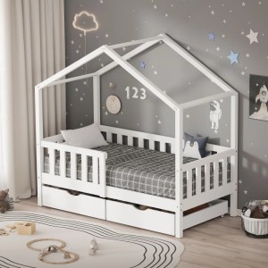 Weißes ML-Design Hausbett 70x140 cm aus Kiefernholz mit 2 Schubladen für Kinder.
