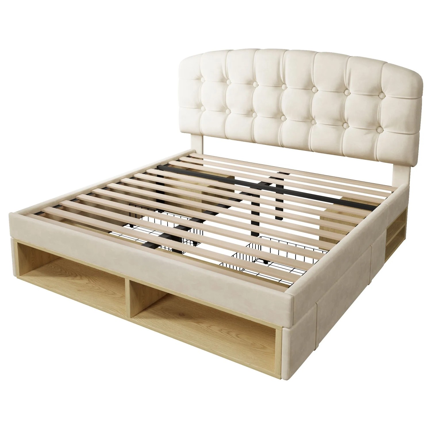 Merax Doppelbett 140x200 cm Polsterbett Samt Beige Stauraum