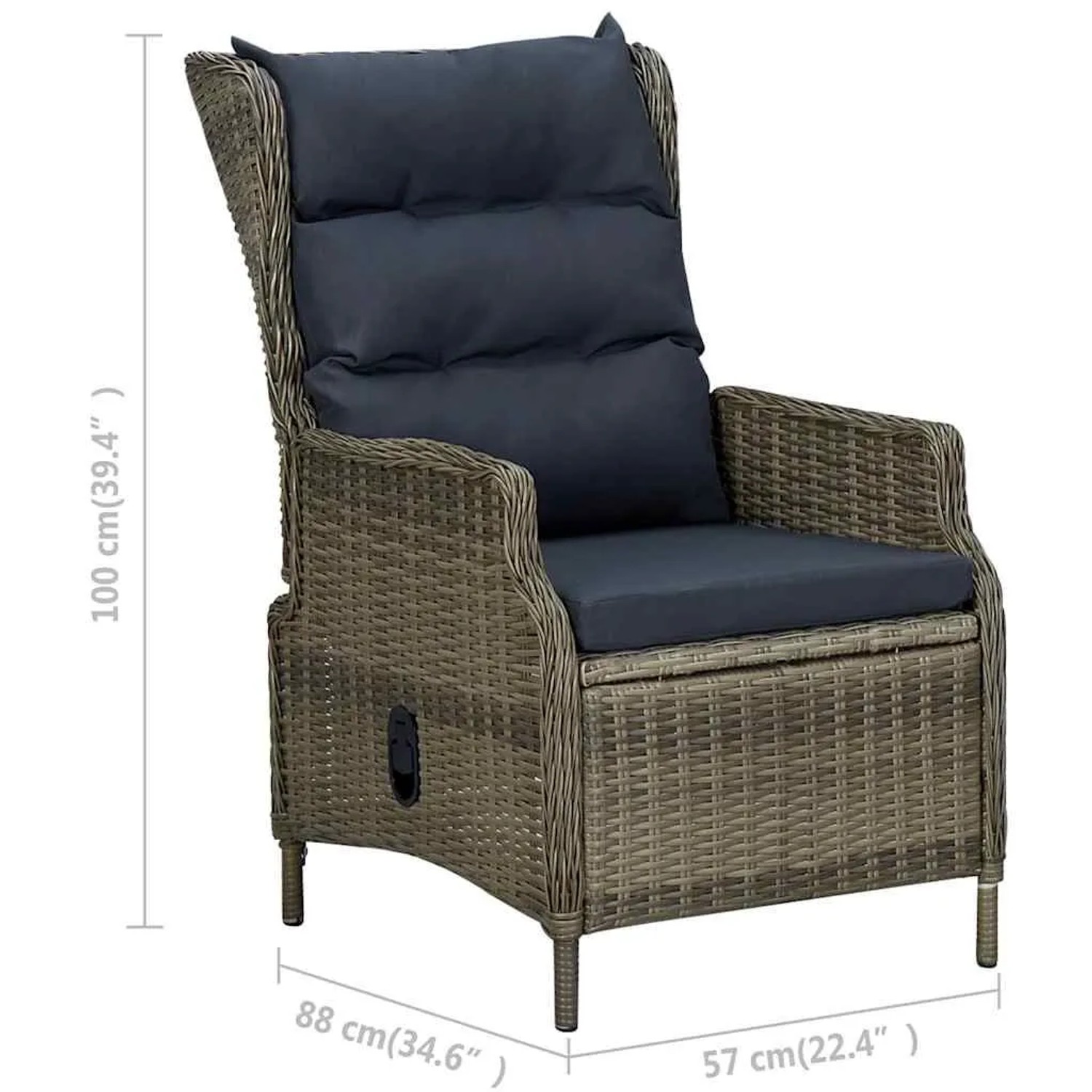 vidaXL verstellbarer Gartensessel aus braunem Poly Rattan mit schwarzen Polstern.
