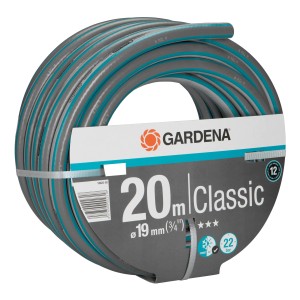 Gardena Classic Gartenschlauch, 20 m, 19 mm (3/4 Zoll), grau mit blauem Streifen.